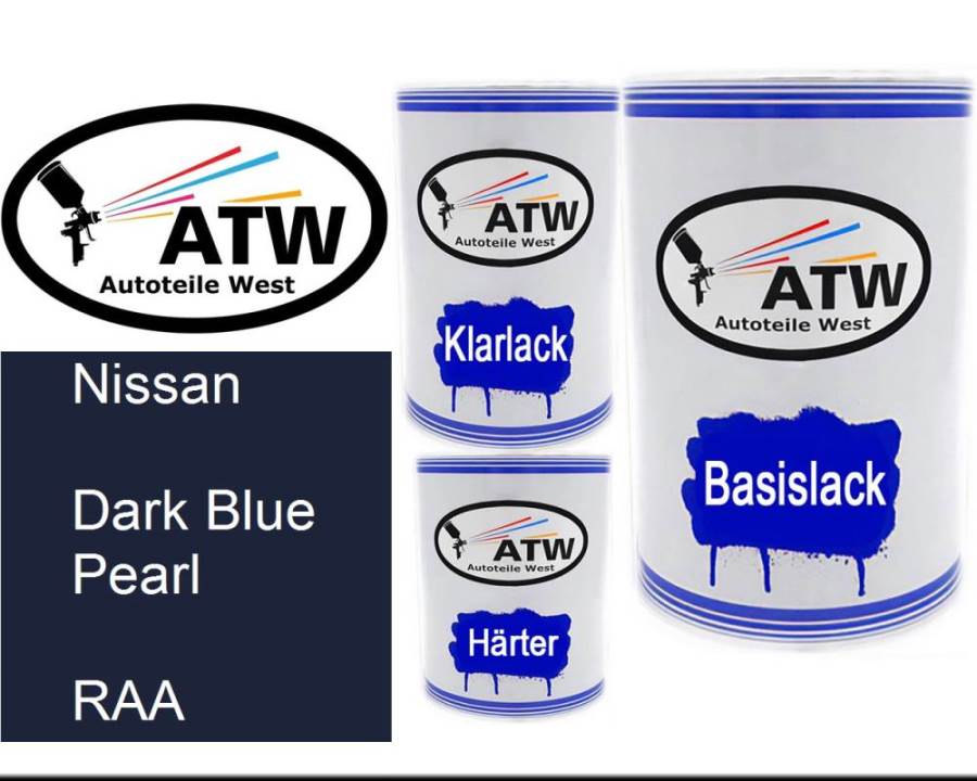 Nissan, Dark Blue Pearl, RAA: 500ml Lackdose + 500ml Klarlack + 250ml Härter - Set, von ATW Autoteile West.